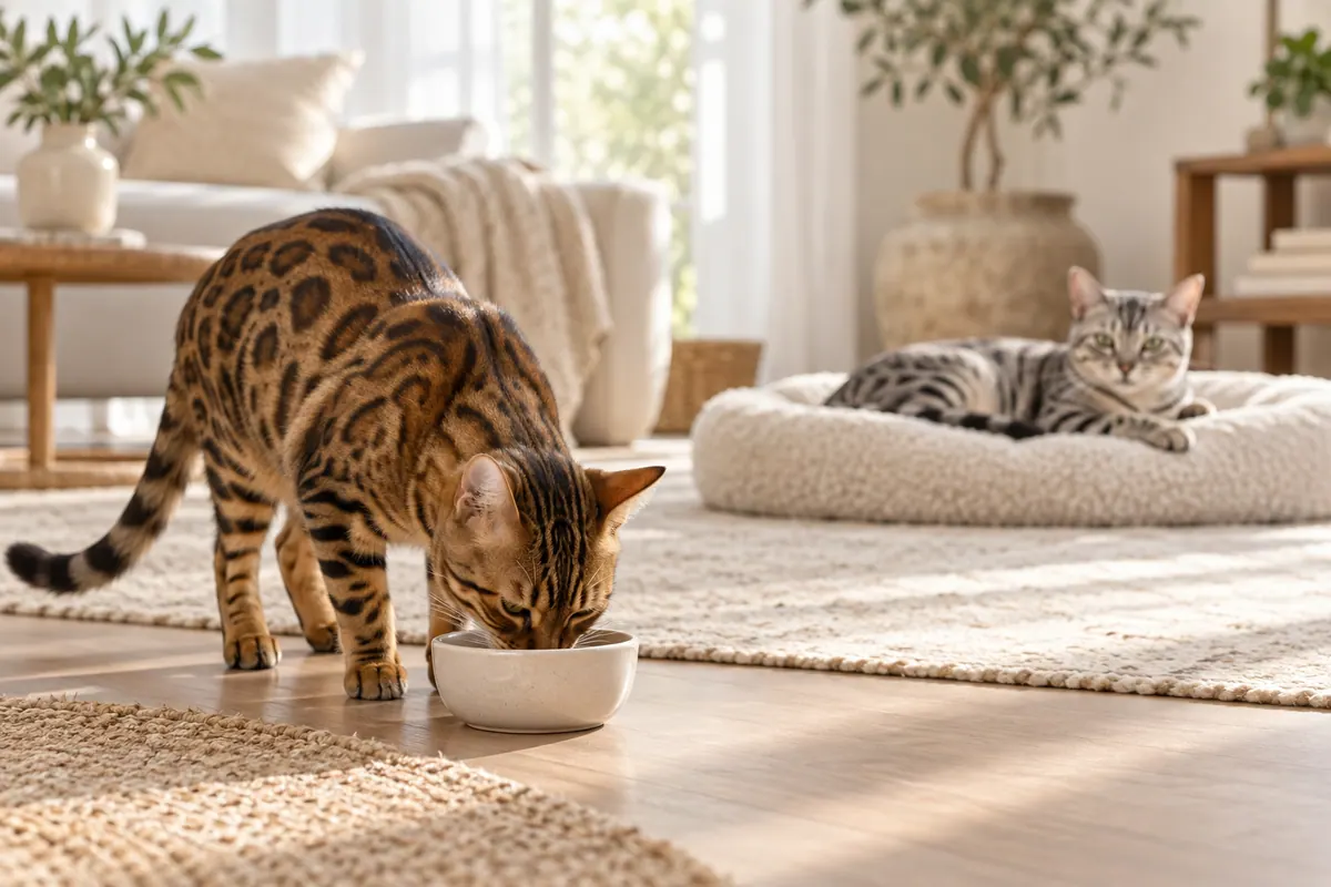 One Bengal cat eating while another rests across a sunlit room