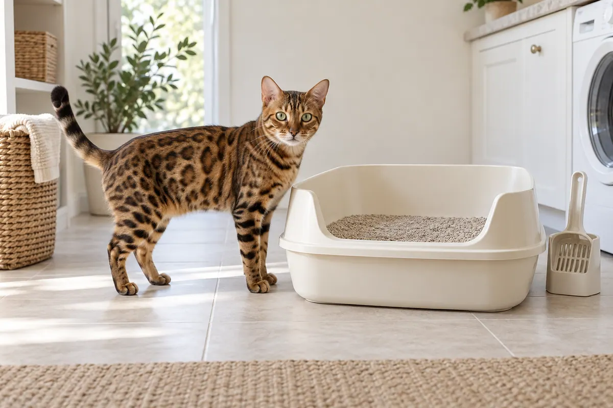 A Bengal cat beside a large open litter tray in a bright room