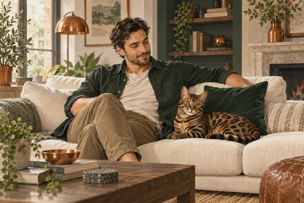 Illustration of a man relaxing on an ivory sofa beside a brown Bengal cat