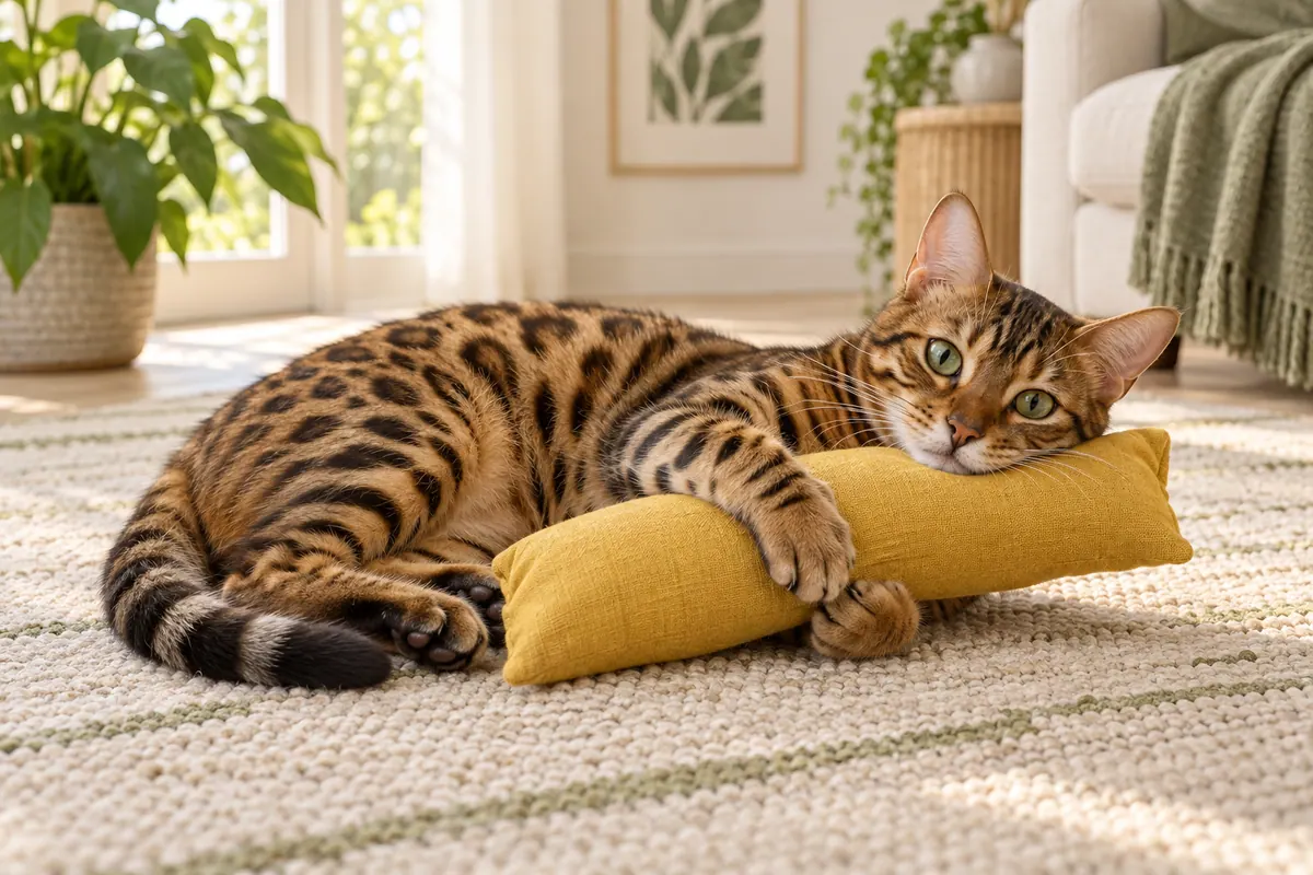 A Bengal cat holding a plain yellow fabric kicker on a pale rug